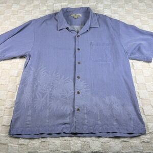 Tommy Bahama Silk‎ Button Down Shirt Men's L Blue Palm Tree Tropical